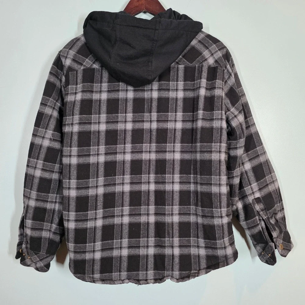Legendary Outfitters Mens Plaid Hooded Flannel Shirt Jacket Grey‎ Black Small